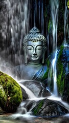 Buddha Statue Meditating in Waterfall, embodying peace and tranquility