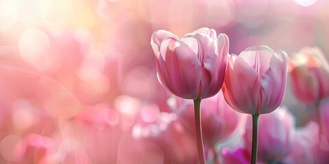 Obraz premium Pink tulips in soft focus with a bright bokeh background in pink tones