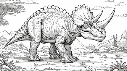 Dinosaurs: A coloring book illustration of a Carnotaurus, known for its horns and powerful legs - obrazy, fototapety, plakaty