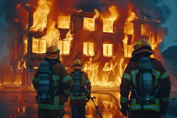 Firefighters in front of a burning building.