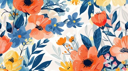 A repeating pattern of various flowers including orange, yellow, blue, and pink flowers with green leaves on a light pink background.

