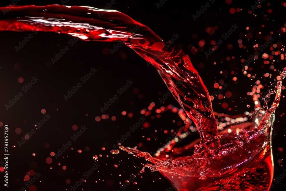 Poster This action-packed image features red liquid being poured into a glass, creating captivating splashes against a dark background