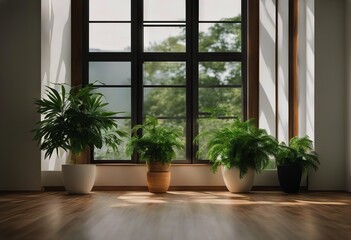 Fototapeta na wymiar interior wooden product pot panoramic plant Mock floor white template wall green Empty splay windows
