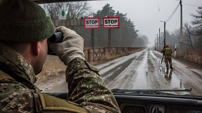 Ukrainian military man with binoculars at a border crossing control station on the road, with a "STOP" sign.