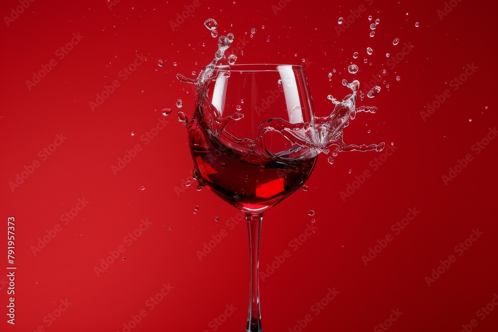 Poster high-speed capture of red wine splashing out of a glass set against a vivid red background, evoking 
