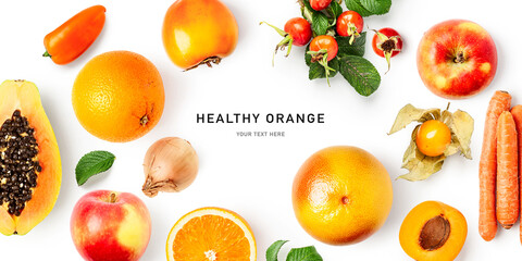 Orange healthy fruit vegetable frame border isolated on white background