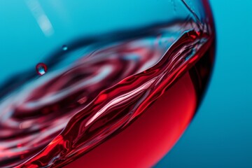 Vivid close-up of red wine creating dynamic swirls in a glass against a blue backdrop Emphasizes motion and luxury