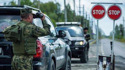 Ukrainian military man with binoculars at a border crossing control station on the road, with a "STOP" sign.