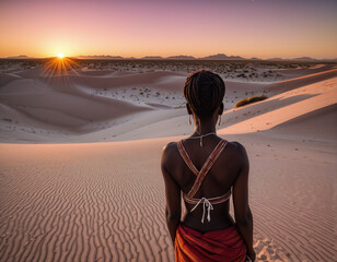 Beautiful African Girl with Bare Back Standing in the African Savannah