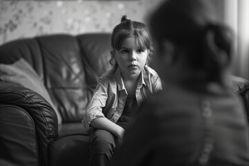 Fototapeta premium A black and white photo of a serious young girl in conversation, intense gaze