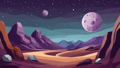 Abstract illustration of space desert with rocks and craters. Cosmic landscape. Fantasy alien planet