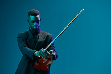 Elegant man in suit playing violin on vibrant blue background 3D render of classical musician...