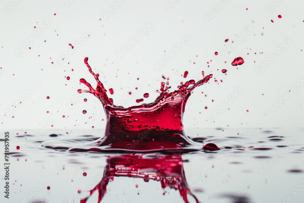 Poster a dynamic and high-contrast image capturing the moment a red liquid creates a splash against a pure 