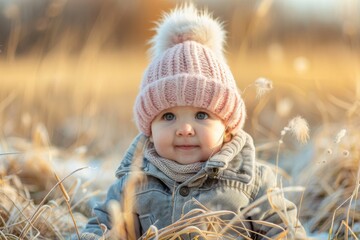 A cheerful baby wearing a warm winter hat and jacket sits amongst dry grass, bathed in soft sunlight in a natural setting