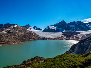 A lake fed by glaciers above the Sangmileq Fjord in East Greenland.
