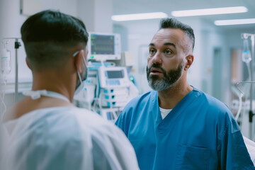 Obraz premium Concerned Nurse Speaking to Patient. Male nurse in blue scrubs listens intently to a patient in a hospital room before surgery