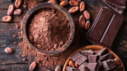 Image of cacao powder, chocolate bars and cocoa beans on wooden table. natural product photo for...