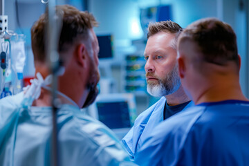 In the heart of the ICU, three male nurses in blue scrubs engage in a serious conversation, their expressions reflecting the gravity of patient care and decision-making in critical healthcare situatio