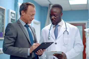 An African doctor in a white lab coat and a businessman in a suit analyze data together on a tablet in a modern hospital setting, symbolizing collaboration in healthcare