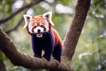 'red climbing panda face animal bear closeup tree rare mammal green curious conservation tail...