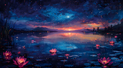 Midnight Mirrors: Oil Painting Reflecting Sky, Flowers, and Butterflies in Tranquil Waters