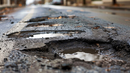 Close up of potholes holes on the road, broken tarmac, bad roads concept. - obrazy, fototapety, plakaty