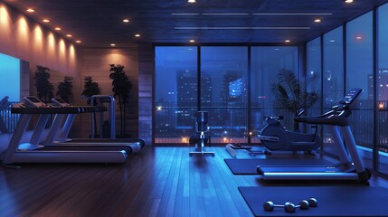 A dimly lit gym with treadmills, an elliptical, and a weight bench. There are windows in the background looking out onto a city at night.

