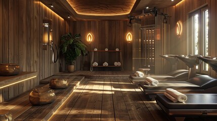 There are 7 massage tables in a room with wood paneling on the walls and indirect lighting.

 - obrazy, fototapety, plakaty