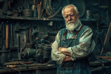 Fototapeta premium Bearded man smiles in workshop, his mature demeanor reflecting years of expertise.