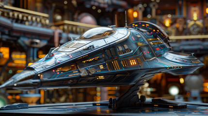 Futuristic Cyberglow Starship Model used for a kitbashed colonist trading post building, Victorian Cyberglow Style Photography