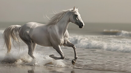 elegant Arabian horse in running water, stallion speed freedom animal wildlife