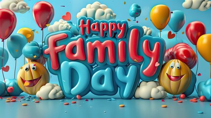 A joyful card with a cartoon message about Family Day surrounded by colorful balloons symbolizing love and togetherness