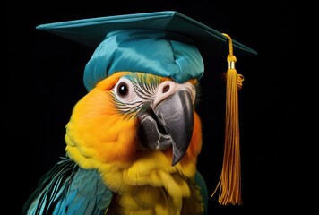 Close up of a colorful parrot with graduation cap on black background