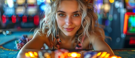 Woman with credit card ready to play online casino gambling game. Concept Online Gambling, Casino Games, Credit Card Transactions, Digital Entertainment, Risky Behavior