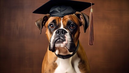 Portrait of a young boxer dog wearing a graduation cap on brown background
