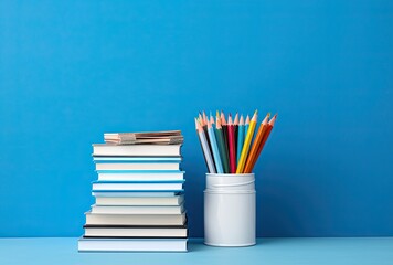 Stack of books and pencils on blue background. Back to school concept.
