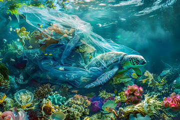 Turtle in plastic waste. Water pollution