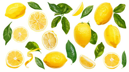 Set of lemons and leaves, isolated on white background 