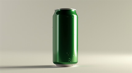 Green soda can with water droplets on white background.