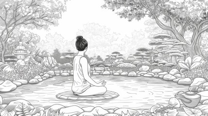 Hobbies & Relaxation Coloring Book: A coloring page showing a person practicing mindfulness and meditation in a peaceful