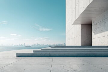 Concrete steps and buildings on the square,The modern urban skyline is in the background. - obrazy, fototapety, plakaty