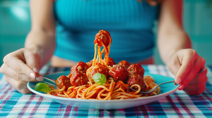 Food pop art photography, Female hands tasting spaghetti with meatballs on plaid tablecloth...