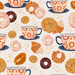 Pattern with tea cups, pie, donuts, croissant, bun. Endless texture on light beige background. Print for home textile, scrapbook paper, wrapping paper, bakery decor, packing 