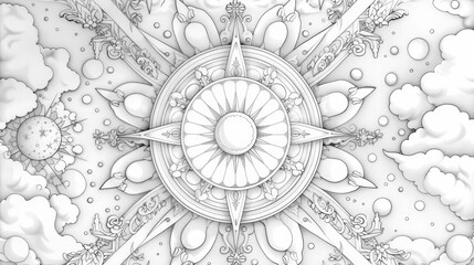 Mandala: A coloring book page featuring a mandala design with celestial elements, like stars, moons, and planets