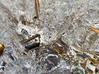 Transparent crust of ice on dry withered grass, close-up photo