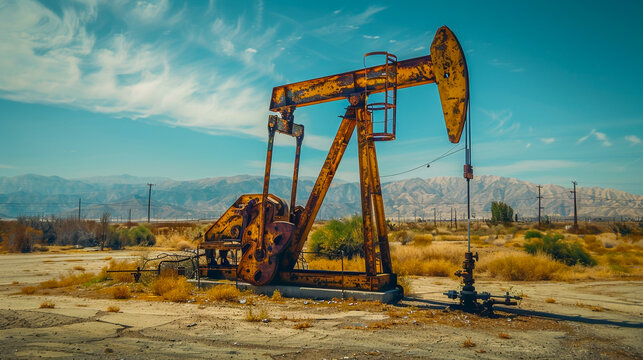 Industrial rhythm under the wide blue as pumpjacks dot the sparse terrain.