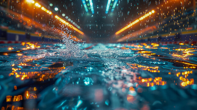 Vibrant pool lanes glow under the lights, disturbed by the splash of a swimmer.