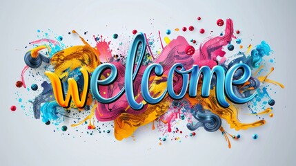Welcome poster with spectrum brush strokes on white background. Colorful gradient brush design.
