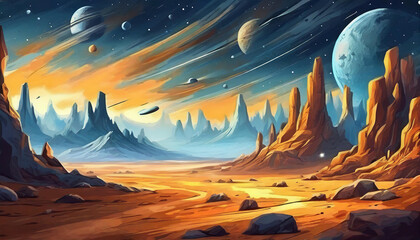 Abstract illustration of space desert with rocks. Cosmic landscape. Blue sky. Fantasy planet.
