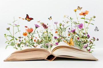 Open book with pages turning into flowers and butterflies 